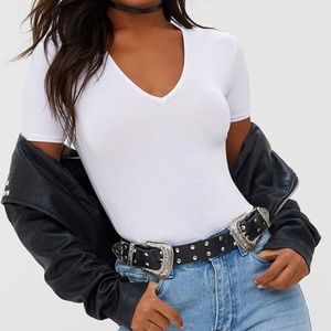 White V-Neck Rolled Cuff Bodysuit Size M